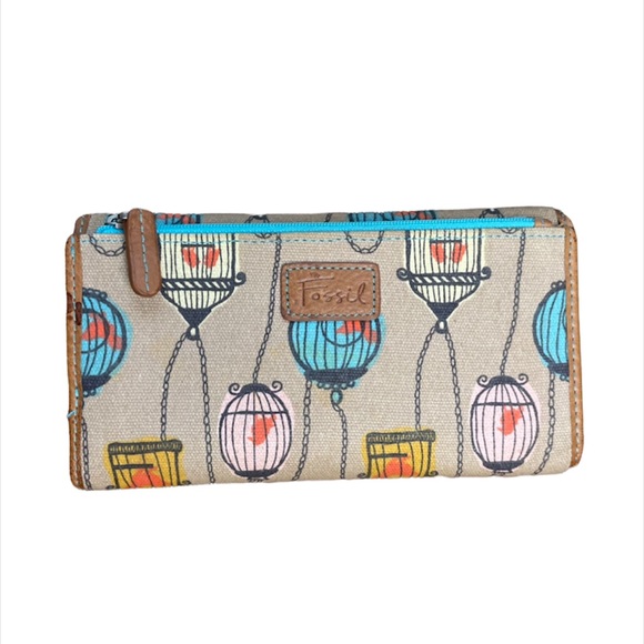 Fossil Handbags - Fossil Wallet Birdcage Canvas Print Brown Leather Trim Trifold Tan Teal Brown
